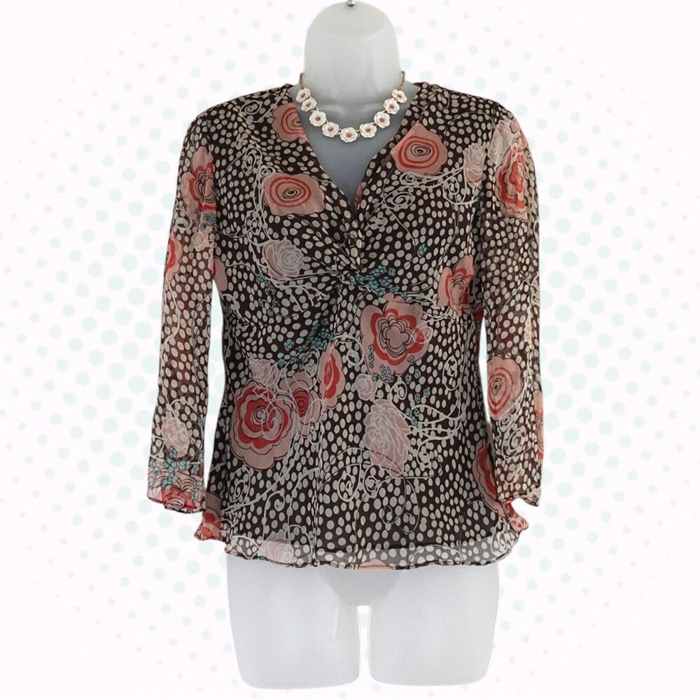 Vintage Y2K JW 100% Silk Brown Pink & White Polka Dot Floral Top Size S